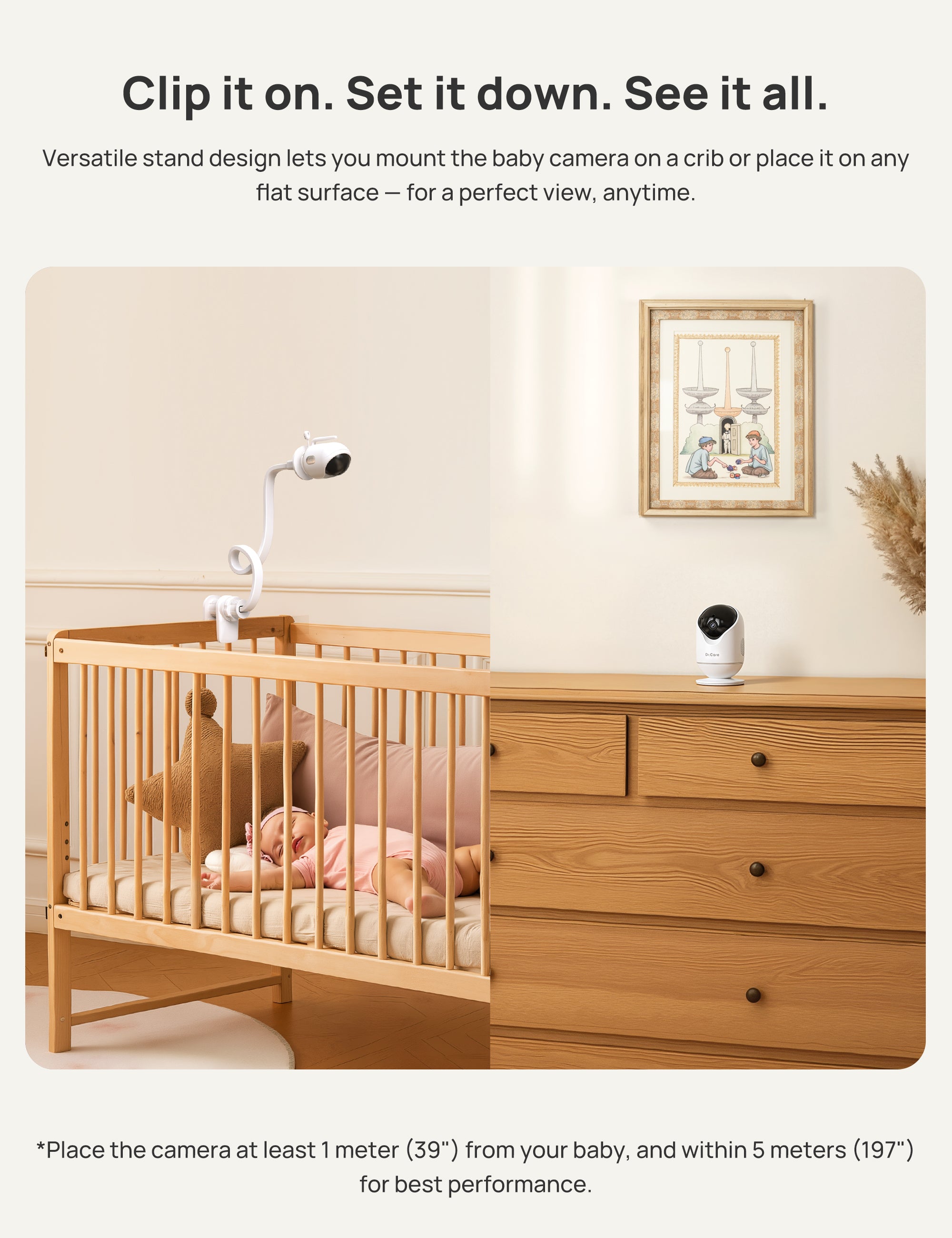 Dr.Care VistaView 5” Smart WiFi Baby Monitor with Clip Mount - 2K HD Camera, App Control, Cry & Motion Alerts, Night Vision, 5000mAh Battery, 2-Way Talk, Multi-User, Triple Security
