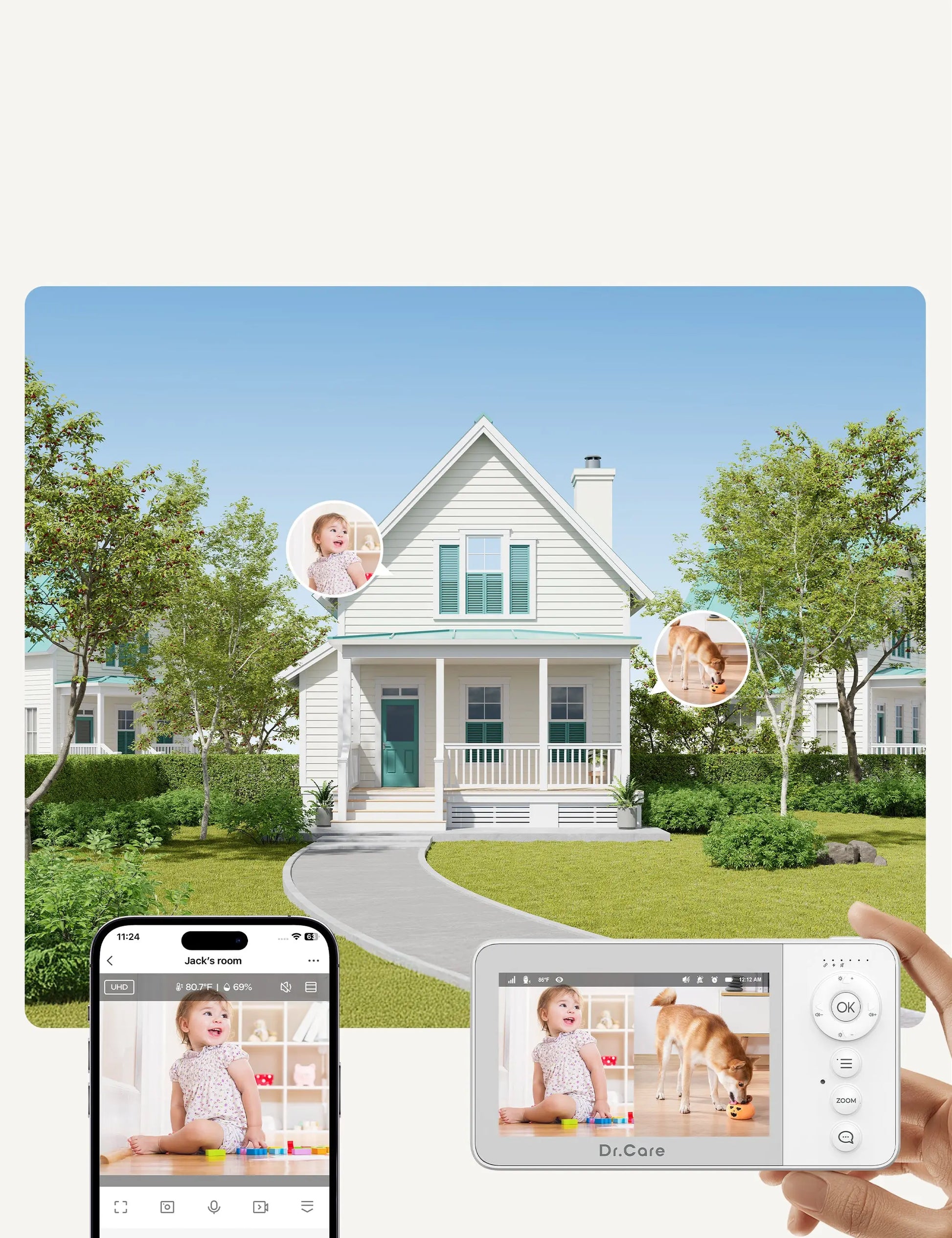 Dr.Care VistaView Lite Smart WiFi babyfoon, 2 camera's, 4 inch 720p split-scherm, 1080p app-bediening, bewegingsdetectie, nachtzicht, 2500 mAh afneembare batterij, 2-weg communicatie, 300 m bereik Dr.Care VistaView Lite Smart WiFi babyfoon, 2 camera's, 4 inch 720p split-scherm, 1080p app-bediening, bewegingsdetectie, nachtzicht, 2500 mAh afneembare batterij, 2-weg communicatie, 300 m bereik