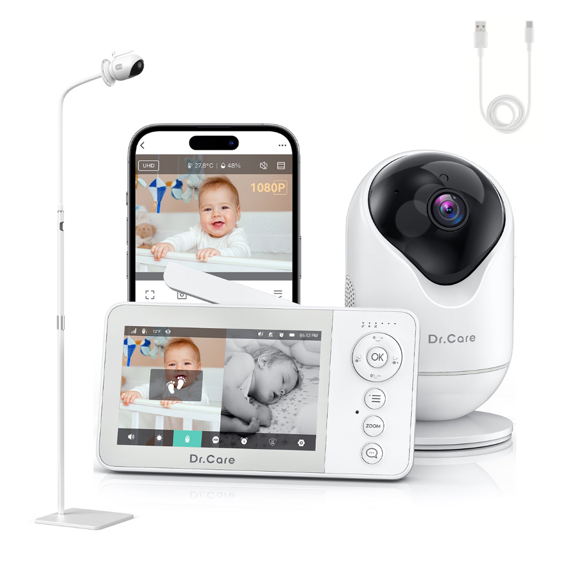 Dr.Care VistaView Lite RB Baby Room Set – SBM002 Monitor + Floor Stand + 2.5m Charging Cable