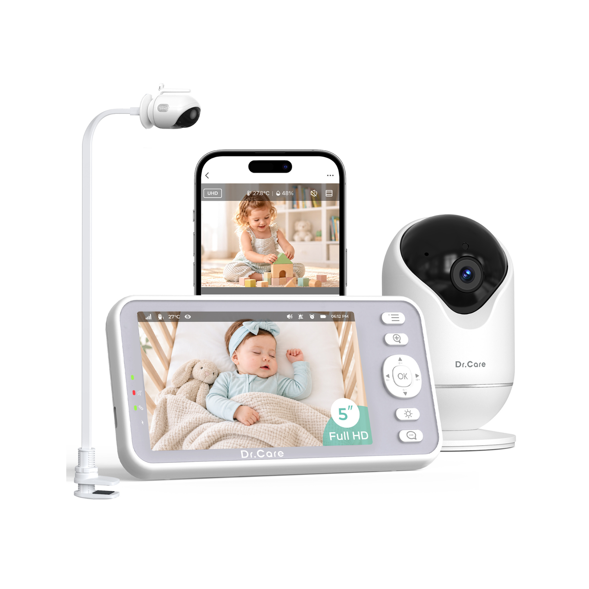 VistaView 5" 1080P Smart-WLAN-Babyphone mit Kamera & Clip-Halterung