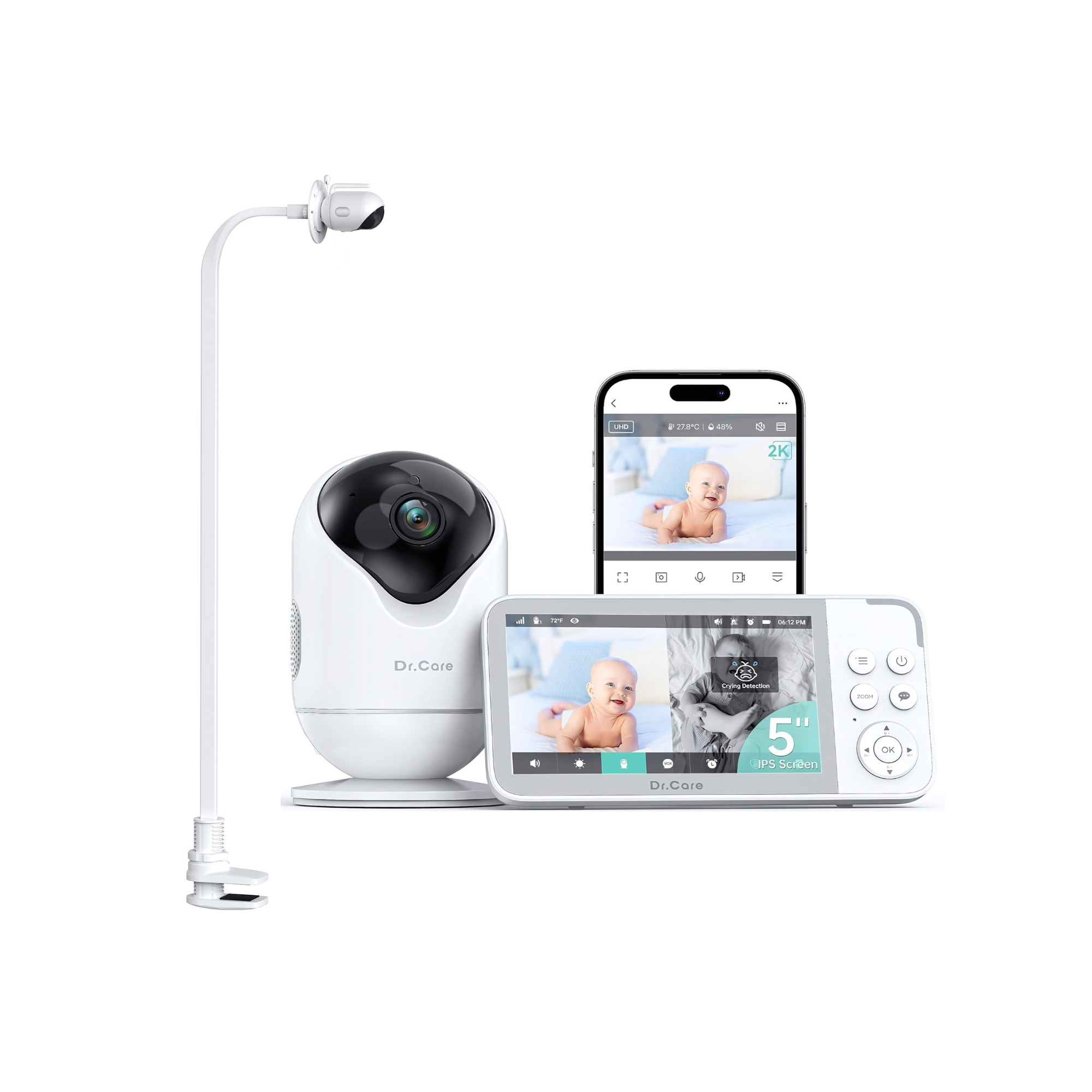 Dr.Care VistaView 5” Smart WiFi Baby Monitor Crib Set-SBM001 Monitor + Clamp Mount