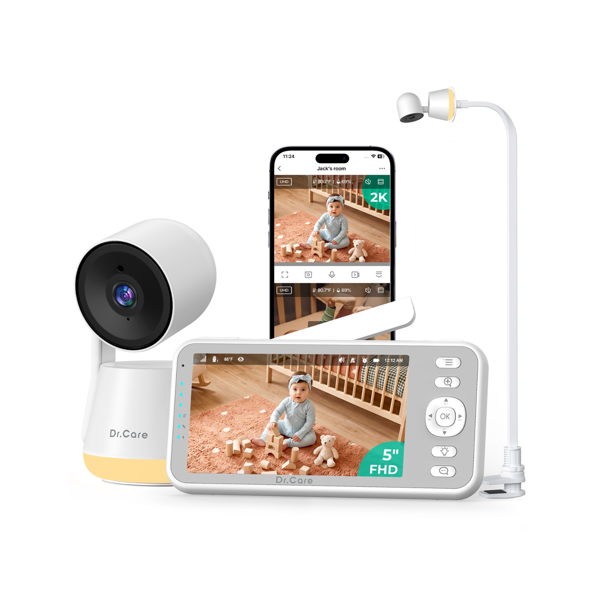 LumiView Lite 2K-Babyphone mit Kamera, 5"-Bildschirm, Bettclip-Halterung, WLAN und ohne WLAN