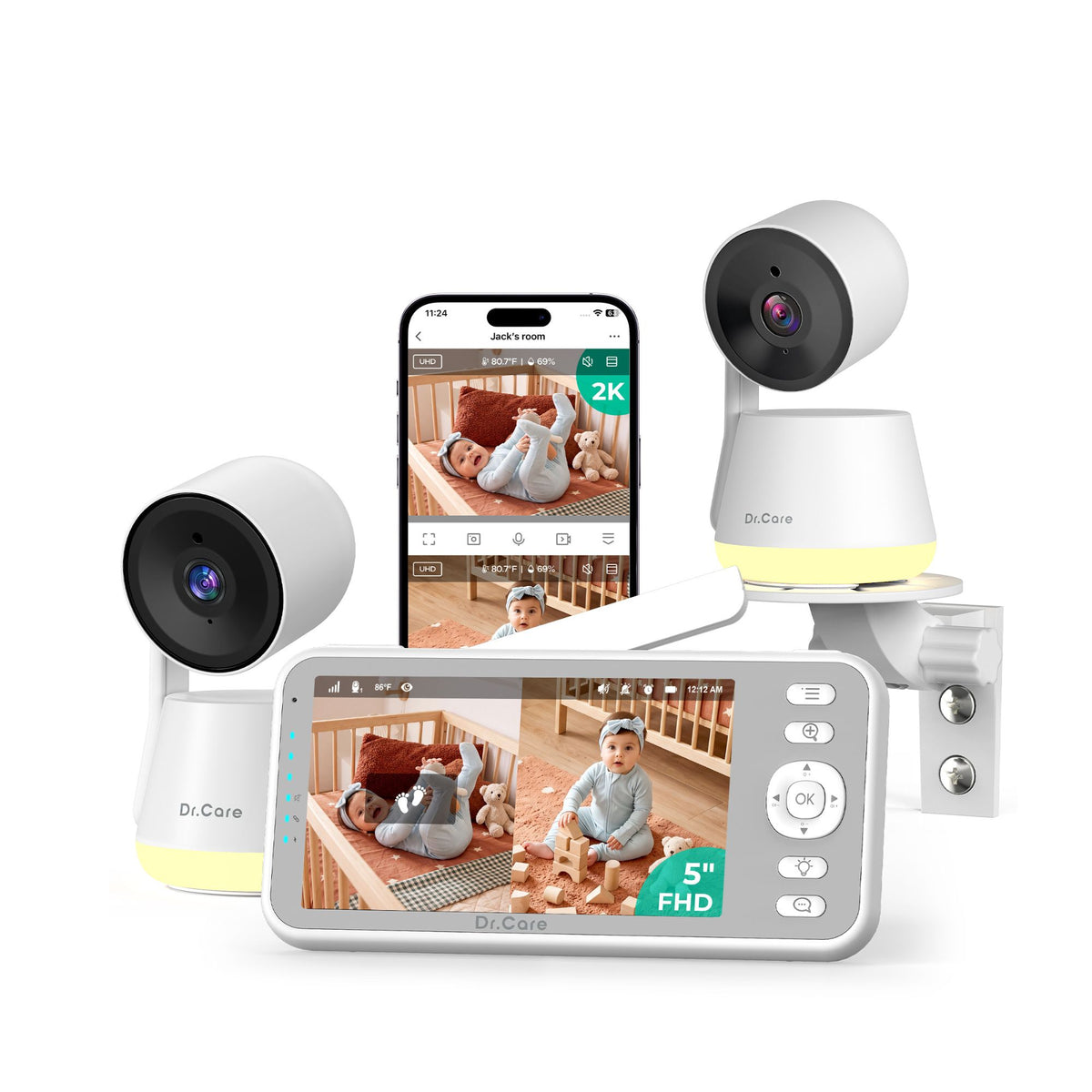 LumiView Lite 2K-Babyphone mit Kamera, 5"-Bildschirm, Bettclip-Halterung, WLAN und ohne WLAN