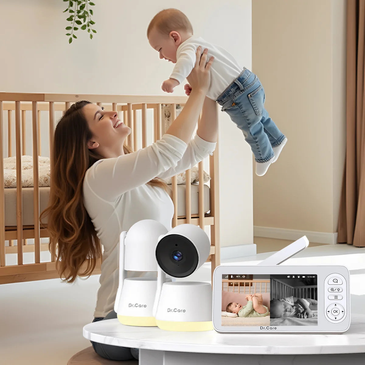 Mother and baby using a Dr.Care dual camera baby monitor