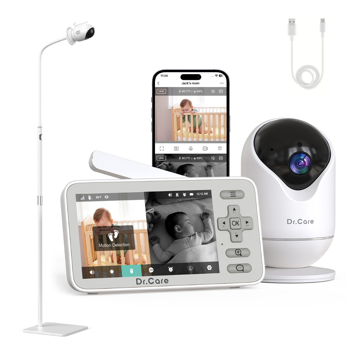 Dr.Care VistaView Lite Baby Room Set – SBM005 Monitor + Floor Stand + 2.5m Charging Cable