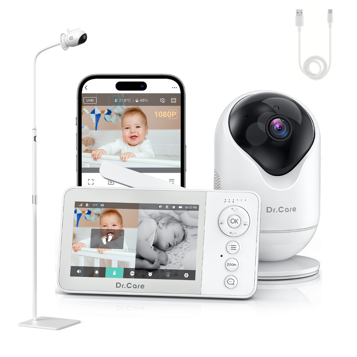 Dr.Care VistaView Lite RB Baby Room Set – SBM002 Monitor + Floor Stand + 2.5m Charging Cable