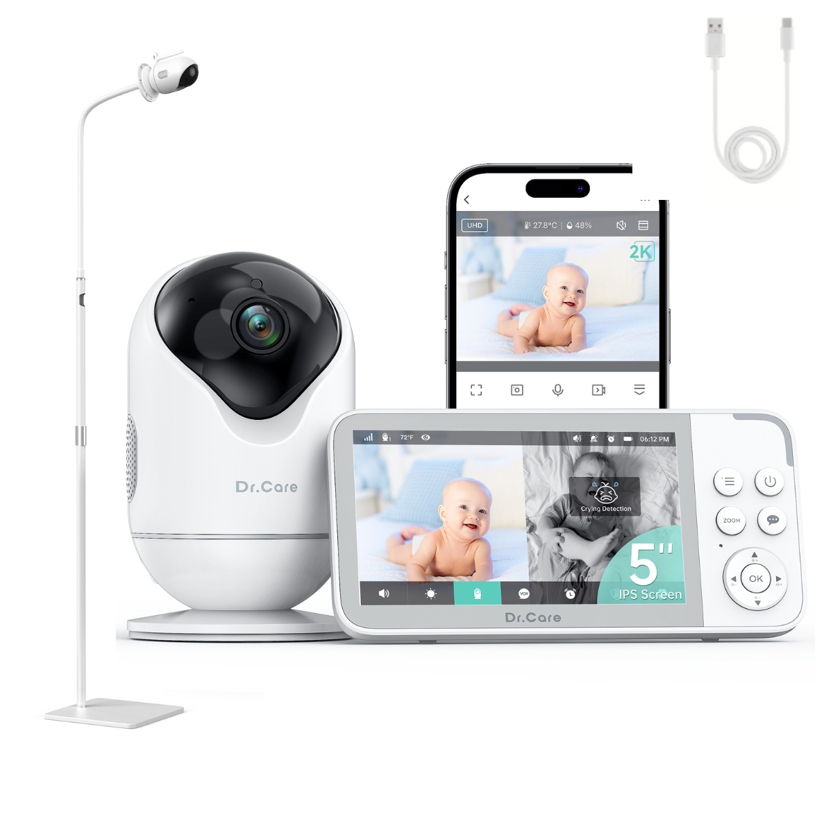 Dr.Care VistaView Baby Room Set – SBM001 Monitor + Floor Stand + 2.5m Charging Cable